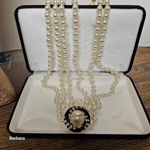 Vintage 80s 3-strand Faux Pearl Necklace with Black Enamel & Pearl Pendant